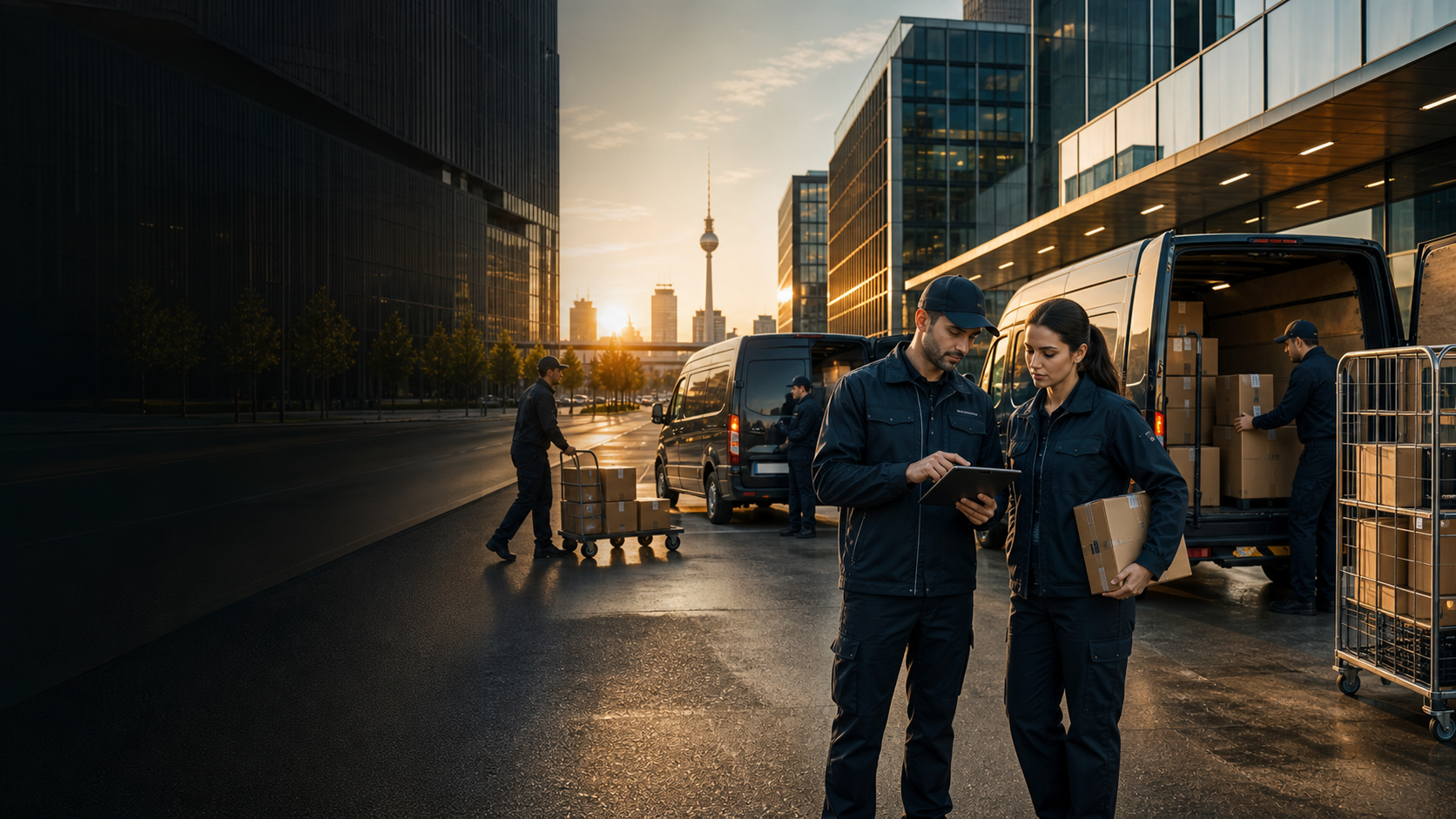Logistikteam mit Lieferfahrzeugen und Paketen in Berlin